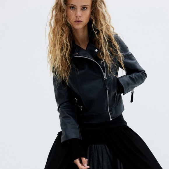 H&M women’s oversized biker moto faux leather jacket black size medium - Picture 2 of 8